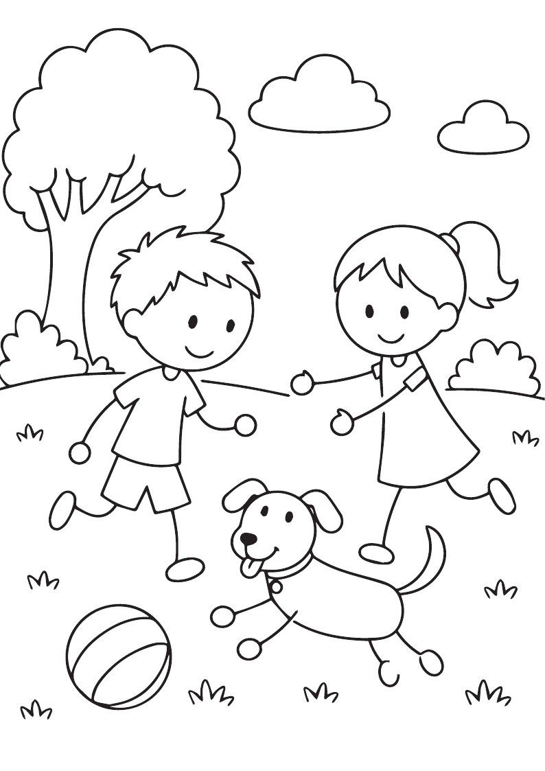 Dibujo de Pablo, Daniela y su mascota para colorear